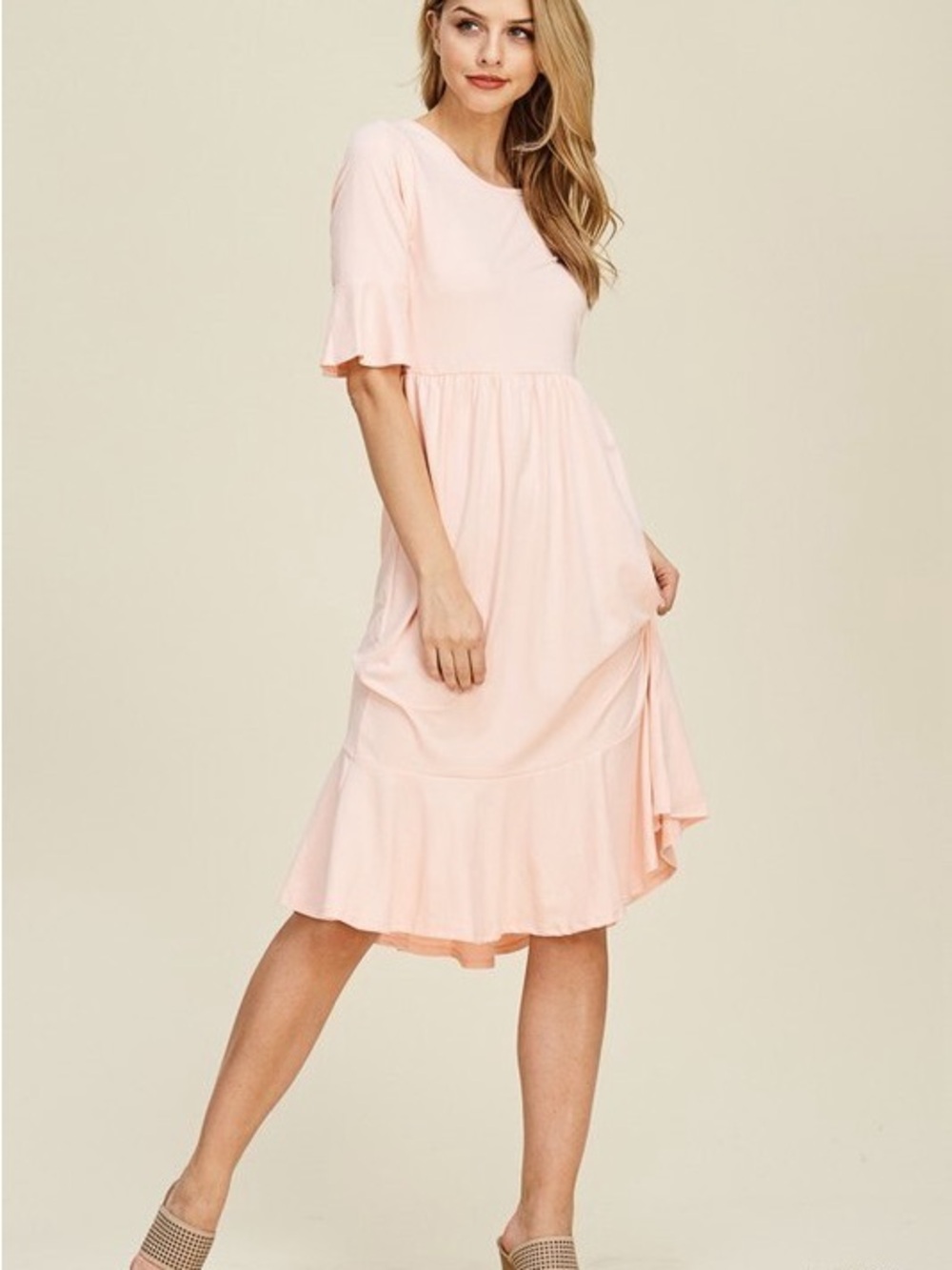 Soft Pink Ruffle Midi Dress - Elegant Everyday